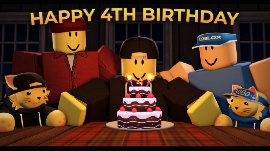 Evade 4th Birthday artwork with avatars around a birthday cake