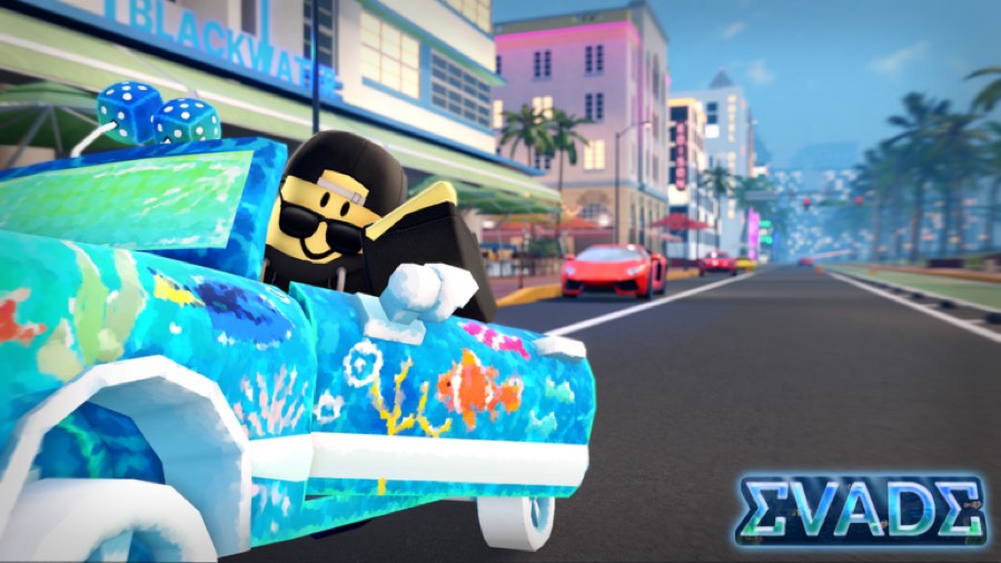Player holding a painted water blaster on a palm-lined street